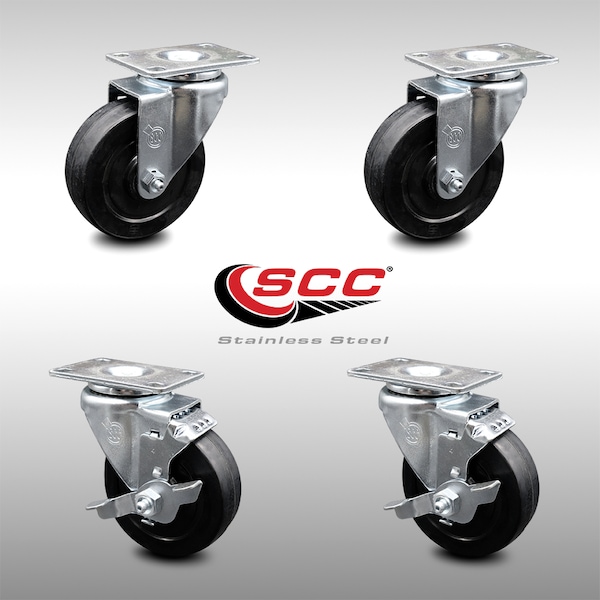 4 Inch SS Soft Rubber Wheel Swivel Top Plate Caster Set with 2 Brakes SCC
